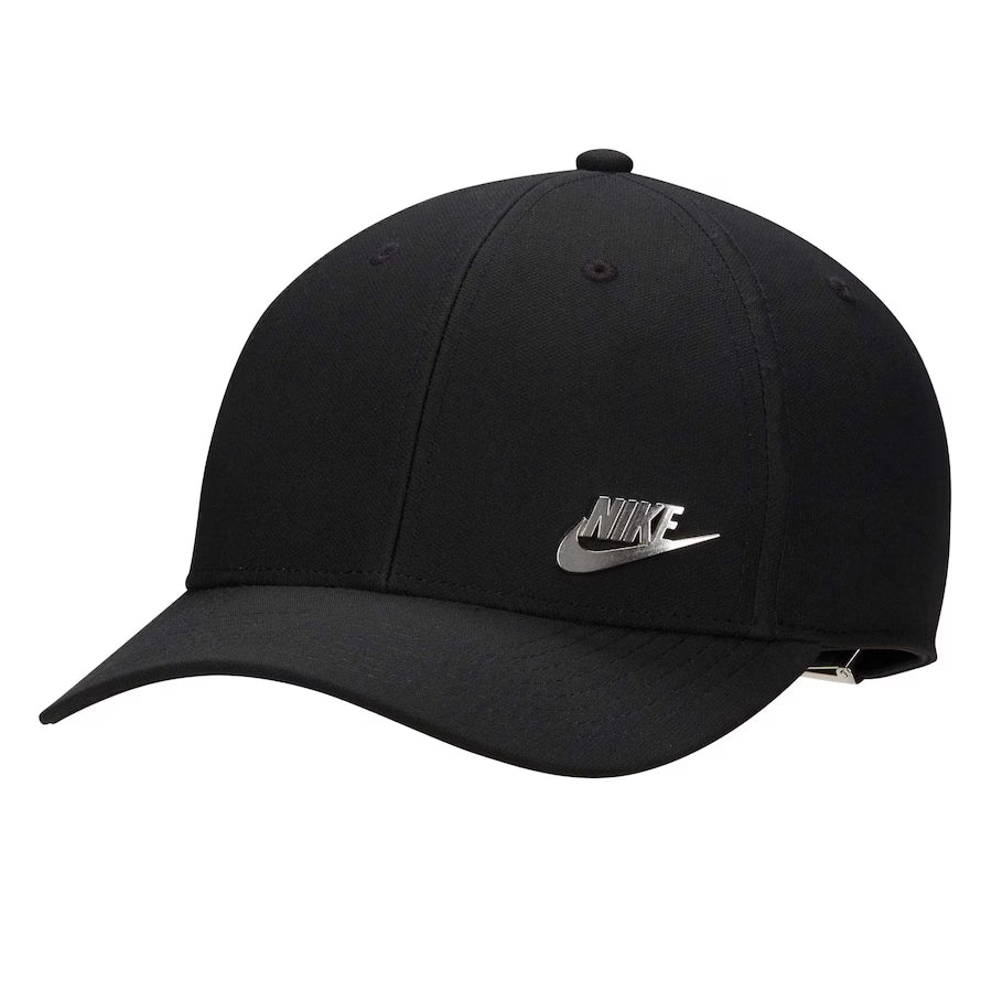 Front view of black Nike Metal Futura Hat with metal logo and Dri-FIT fabric for breathable, moisture-wicking performance.