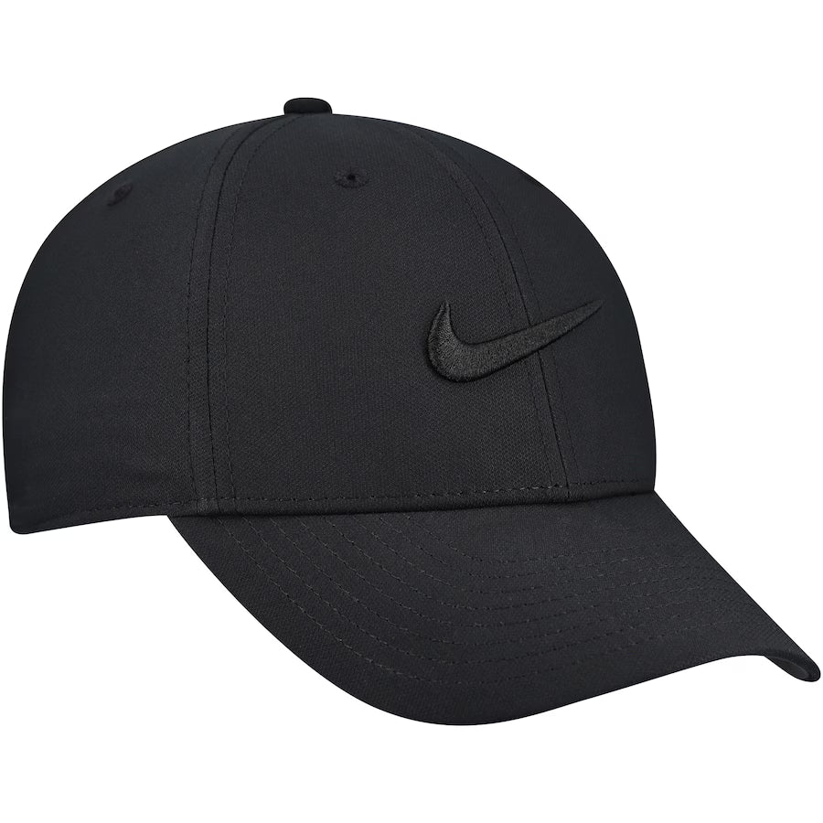 Side-back view of black Nike Club Hat showing hook-and-loop strap, curved bill, and breathable panels for a secure fit.