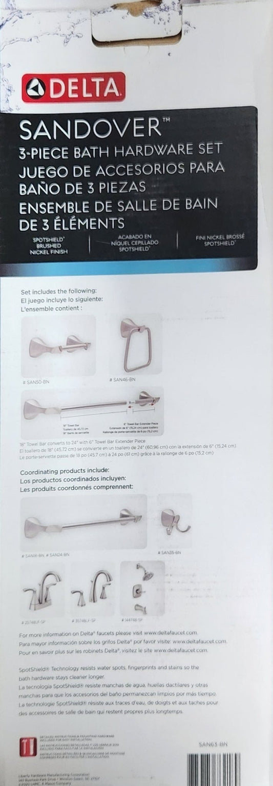 Delta Sandover 4 - Piece Bathroom Hardware Set – SpotShield Brushed Nickel Finish with Towel Bar, Toilet Paper Holder, Towel Ring, and Robe Hook - Unrestricted Goods