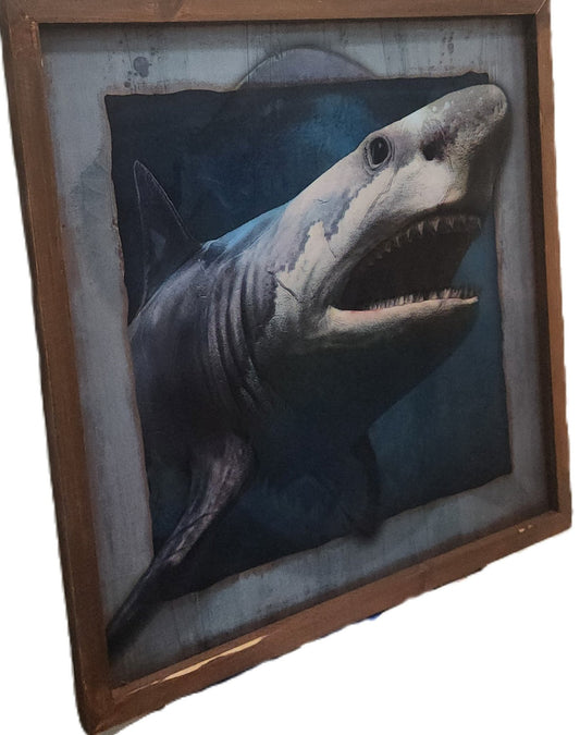 Great White Shark Holographic Wall Art – 20x20 Framed Ocean Predator Print Wooden Frame Decor - Unrestricted Goods