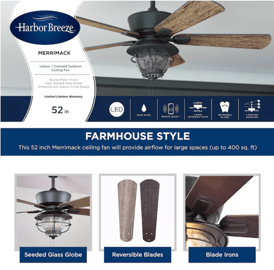 Harbor Breeze 52 - In Merrimack II Bronze Ceiling Fan – LED Light & Reversible Blades for Indoor/Outdoor Spaces