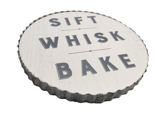 Sift Whisk Bake Wall Art – 12 - Inch Round Rustic Pie Tin Sign for Kitchen Décor - Unrestricted Goods