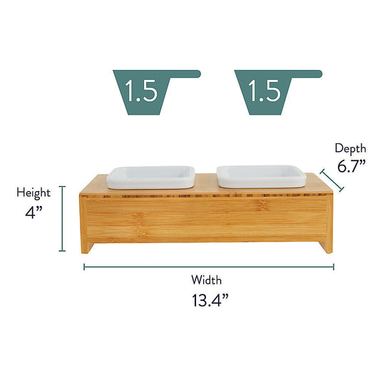 Top Paw Bamboo Double Dog Bowl – X - Small Ceramic Diner Modern Raised Feeder with Wooden Stand - Unrestricted Goods