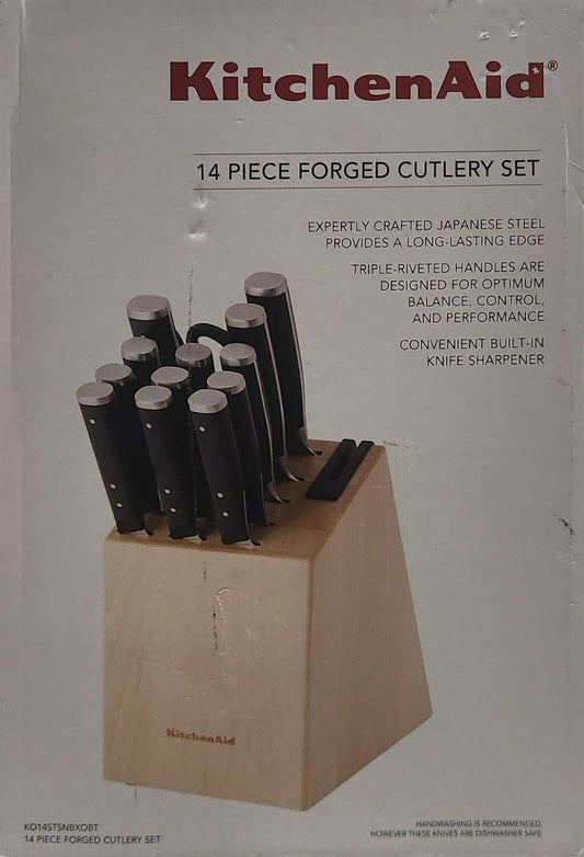 Kitchen Aid 14 Piece Forged Cutlery Set with Wooden Block and Built in Knife Sharpener