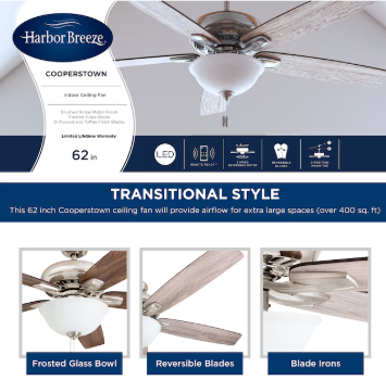 Harbor Breeze Cooperstown 62-in Brushed Nickel with Driftwood/Toffee Blades LED Indoor Ceiling Fan with Light (5-Blade)