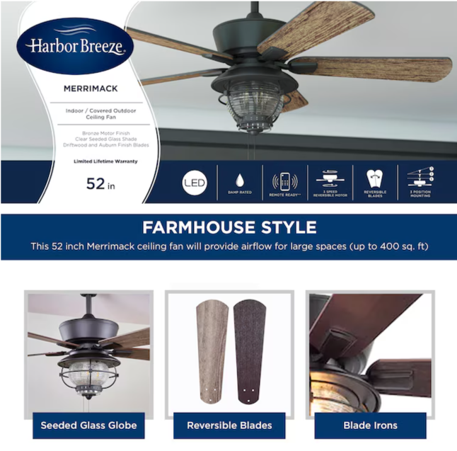 Harbor Breeze 52-In Merrimack II Bronze Ceiling Fan – LED Light & Reversible Blades for Indoor/Outdoor Spaces