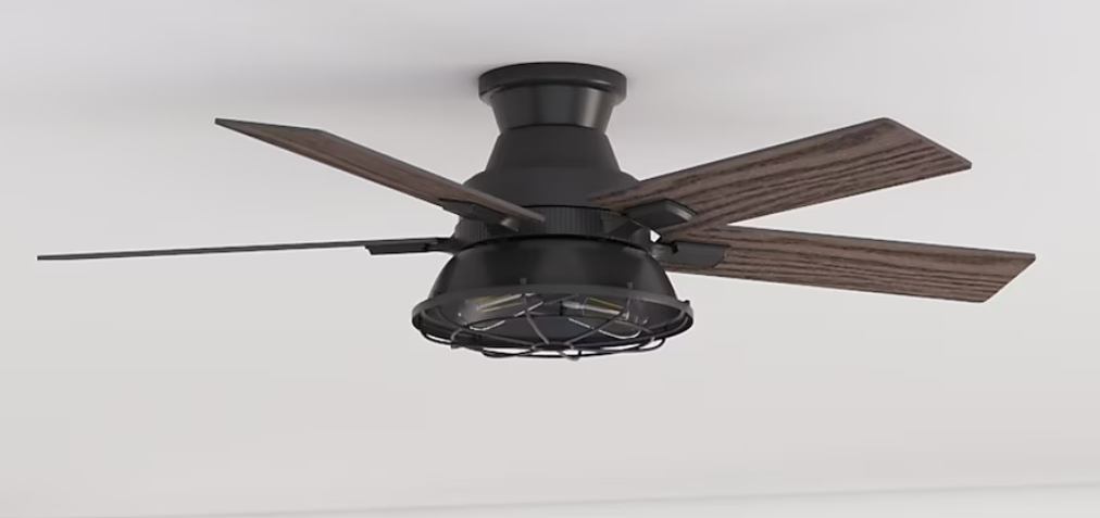 Harbor Breeze Salem 52" Matte Black Ceiling Fan – LED Light, Flush Mount, Reversible Blades Indoor and Outdoor
