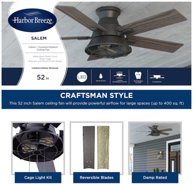 Harbor Breeze Salem 52" Matte Black Ceiling Fan – LED Light, Flush Mount, Reversible Blades Indoor and Outdoor