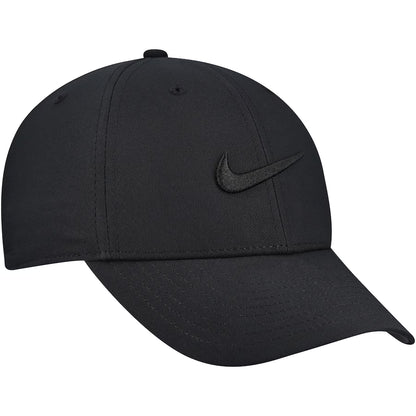 Side-back view of black Nike Club Hat showing hook-and-loop strap, curved bill, and breathable panels for a secure fit.