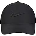 Front view of black Nike Club Performance Hat with structured crown, curved bill, and moisture-wicking Dri-FIT fabric.
