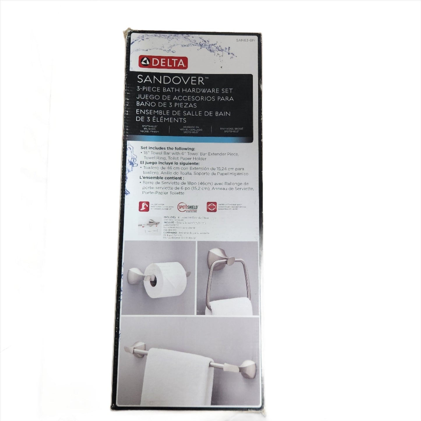 Delta Sandover 4 - Piece Bathroom Hardware Set – SpotShield Brushed Nickel Finish with Towel Bar, Toilet Paper Holder, Towel Ring, and Robe Hook - Unrestricted Goods