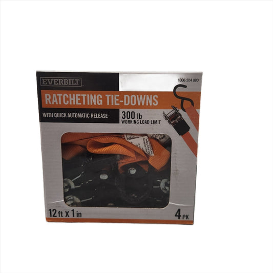Everbilt 12 ft. x 1 in. Ratchet Tie Down Straps (4 - Pack) – Heavy - Duty Orange Webbing - Unrestricted Goods