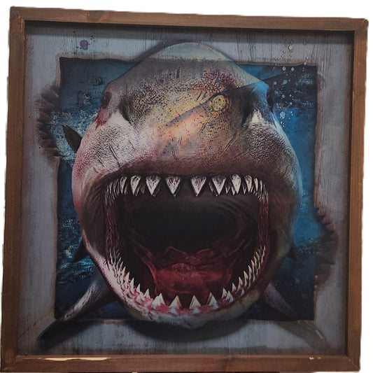 Great White Shark Holographic Wall Art – 20x20 Framed Ocean Predator Print Wooden Frame Decor - Unrestricted Goods
