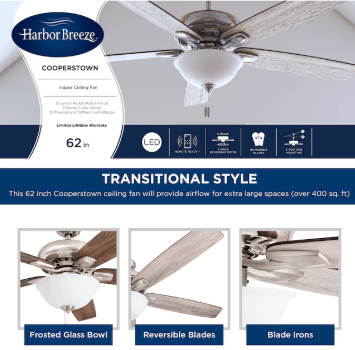 Harbor Breeze Cooperstown 62" Ceiling Fan – Brushed Nickel, LED Light, Driftwood/Toffee Blade - Unrestricted Goods