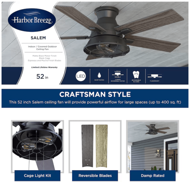 Harbor Breeze Salem 52" Matte Black Ceiling Fan – LED Light, Flush Mount, Reversible Blades Indoor and Outdoor - Unrestricted Goods