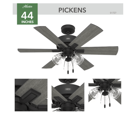 Hunter Pickens 44 - in Matte Black Indoor Ceiling Fan with Light (6 - Blade) - Unrestricted Goods