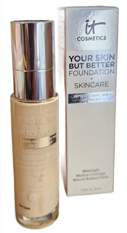IT Cosmetics Your Skin But Better Foundation + Skincare – Fair Warm 10 Shade – Lightweight, Hydrating, Radiant Finish for All Skin Types - Unrestricted Goods