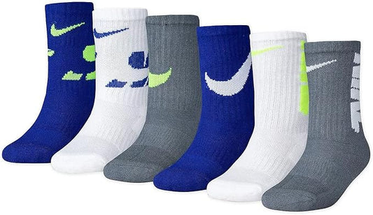 Nike Boys' Cushioned Crew Socks 6 - Pack – Grey, White & Blue | Kids Size 5 - 7 (10C - 3Y) - Unrestricted Goods